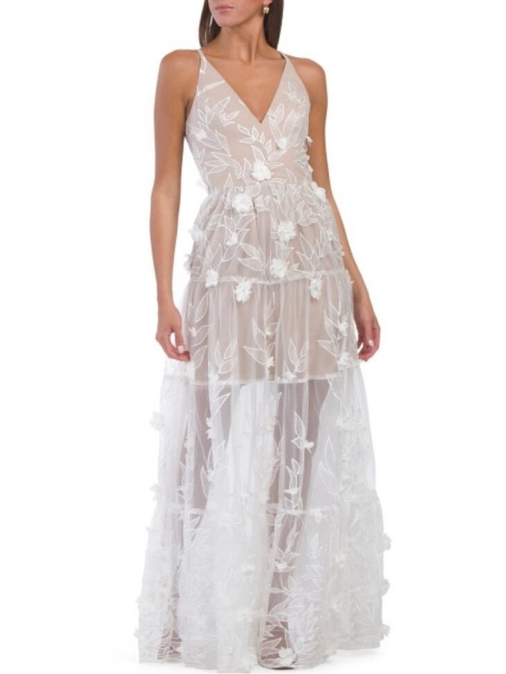 New Dress the Population Melina Appliqué Floral Leaves Sheer Gown Size XS White